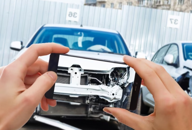 Man photographing his vehicle with damages for accident insurance with smart phone.
