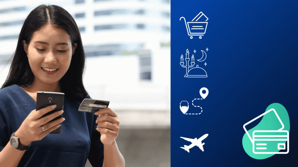 Asian woman looking at phone with credit card in hand and icons of actions to take advantage of credit card benefits on blue background