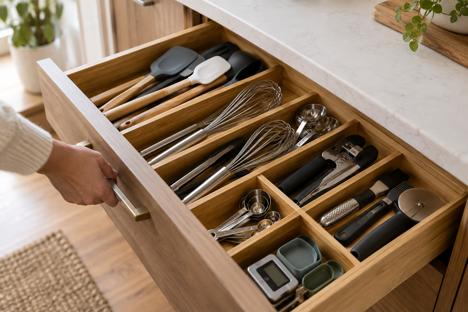 Opening a drawer organized with bamboo dividers