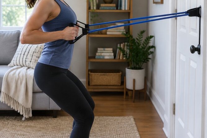 A woman doing a standing row with tube resistance bands anchored in a closed door