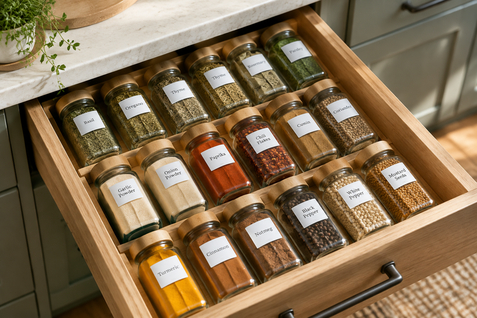 Spice jars arranged label-up in a kitchen drawer organizer