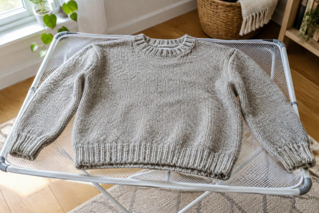 A gray knit sweater laid flat on a white mesh drying rack