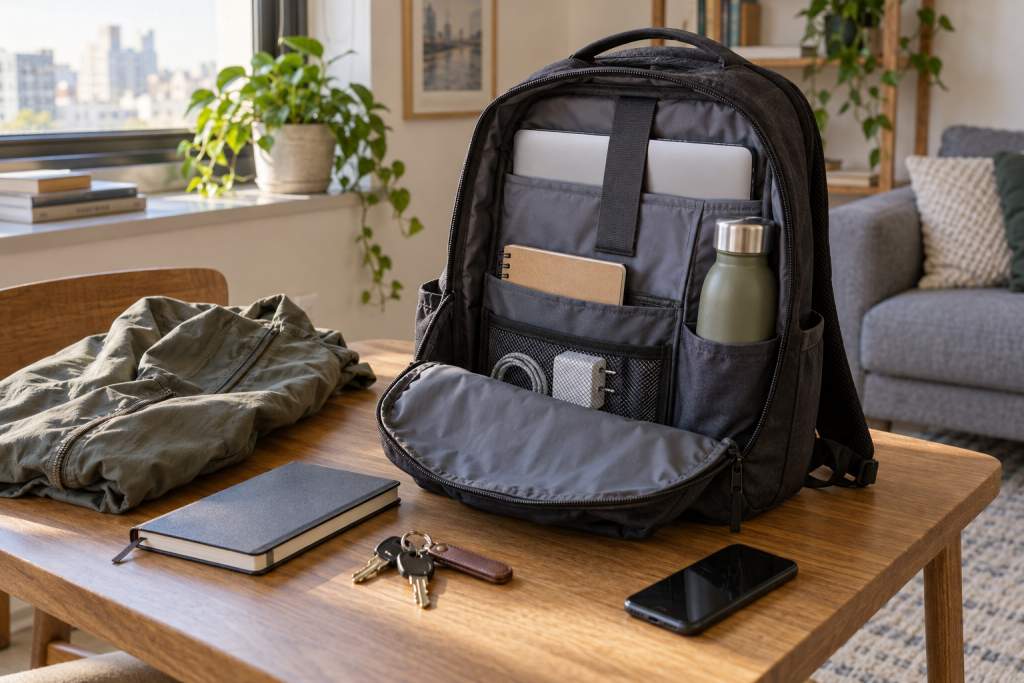 Open commuter backpack with laptop sleeve, notebook, and bottle on a desk