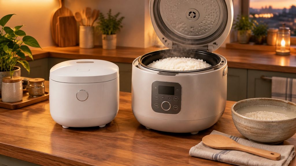 A small one-touch rice cooker next to a larger digital rice cooker with steaming rice