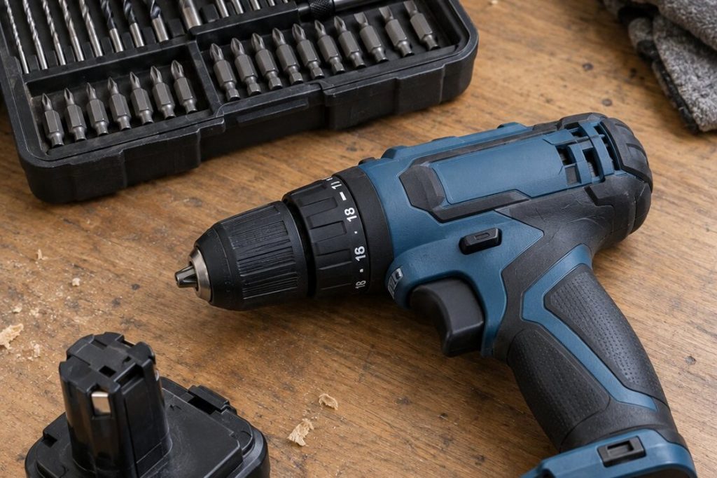 A compact cordless drill on a wooden workbench next to a spare battery and an open case of drill bits