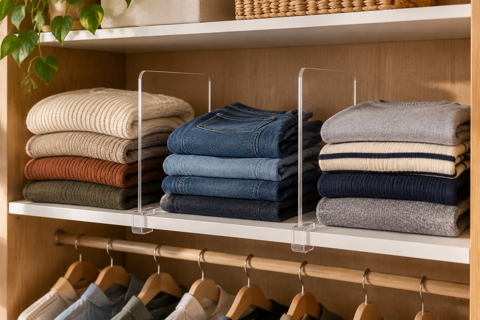 Illustration of clear shelf dividers separating folded clothing in a wardrobe
