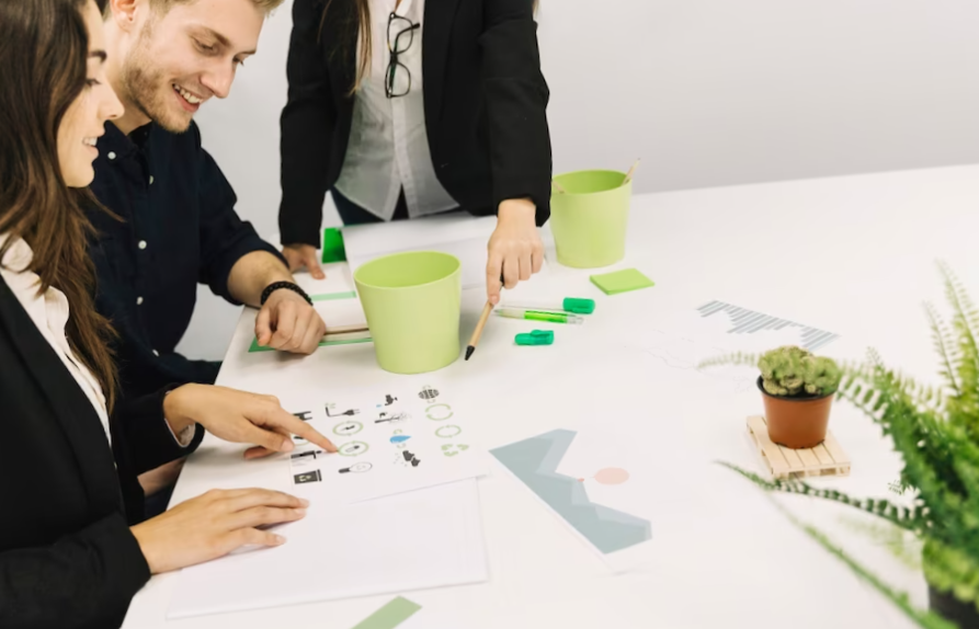 group of businesspeople discussing on natural resources preservation in office
