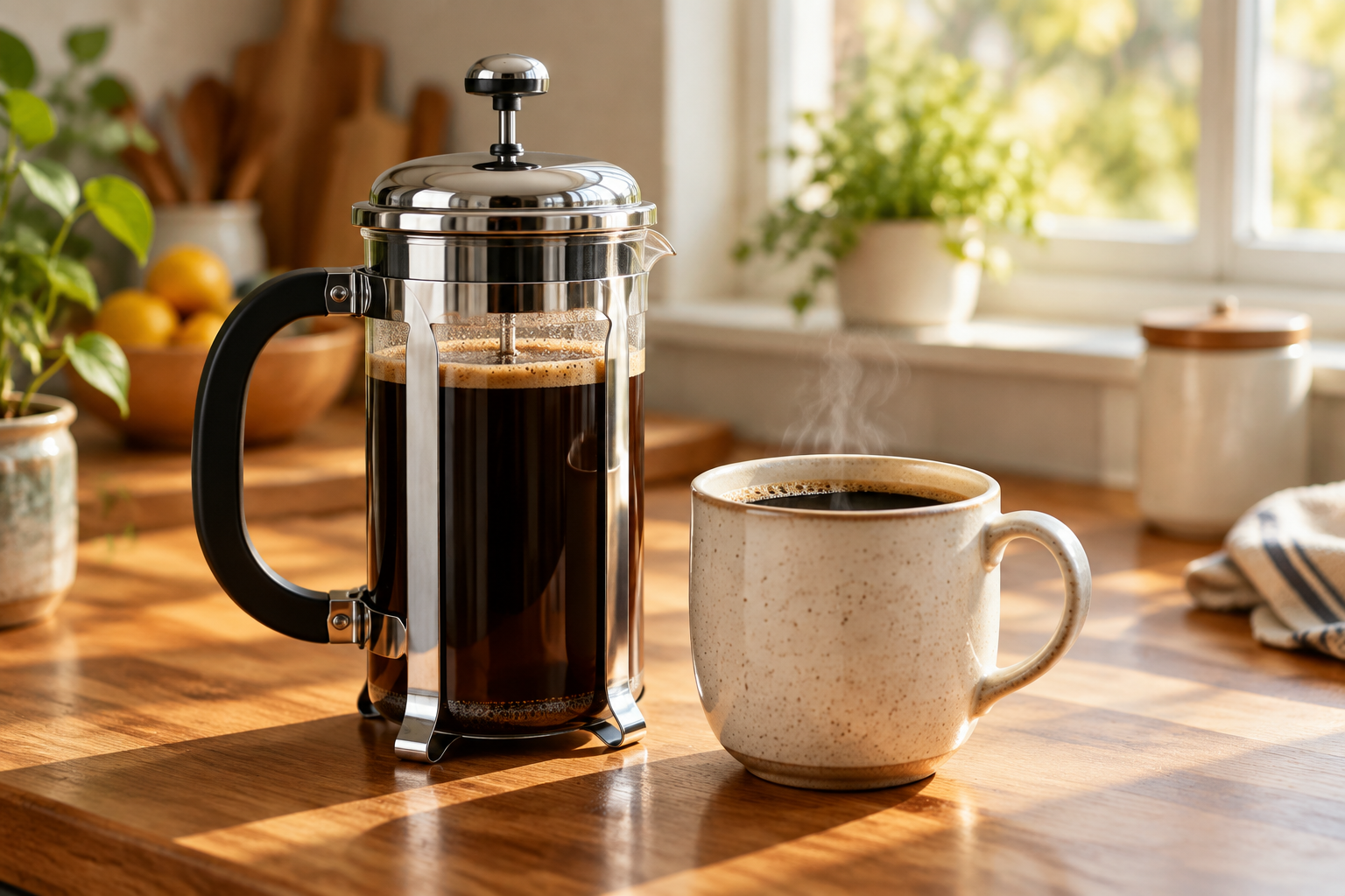 A stainless steel French press and a full mug of coffee on a wooden kitchen counter