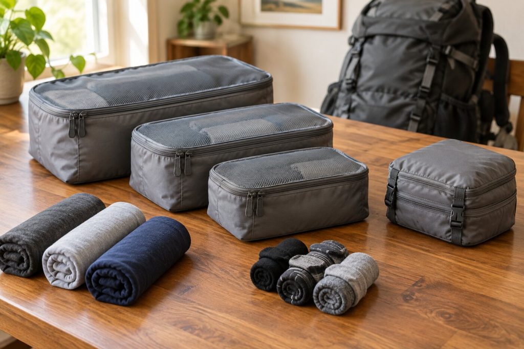 Gray packing cubes in three sizes with rolled shirts and socks on a wooden table