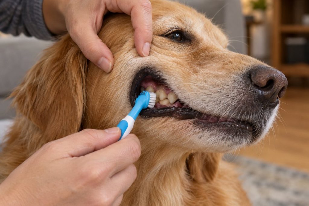 A person gently brushing a golden retriever back teeth with a small pet toothbrush
