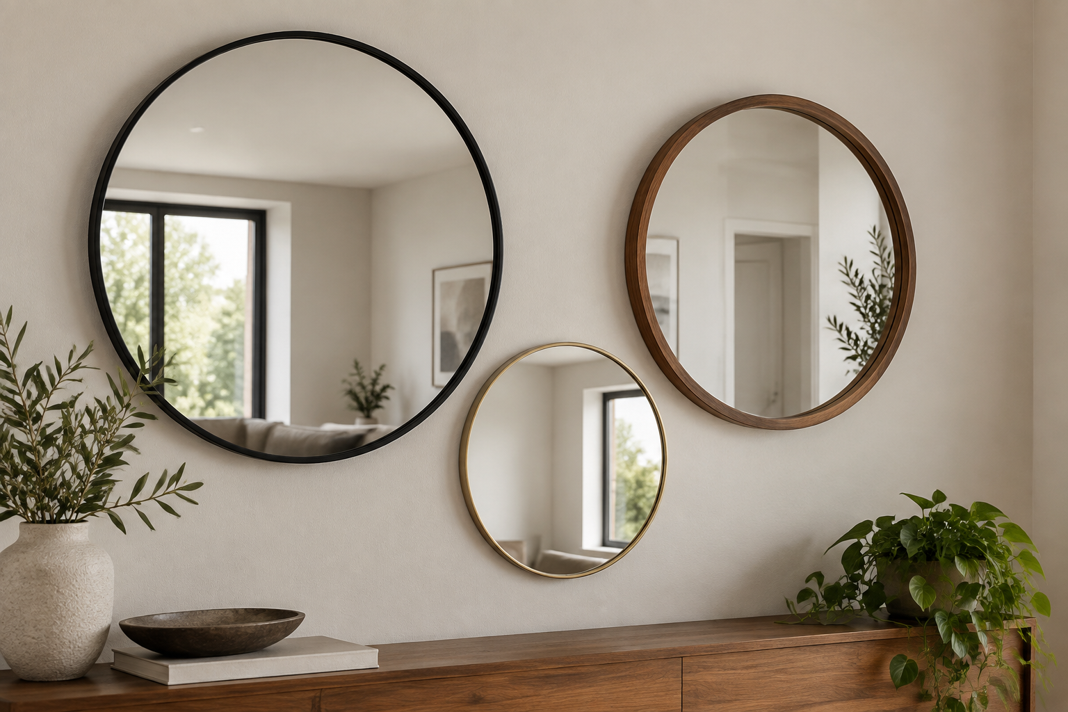 Illustrative comparison of round mirrors with black, wood, and gold frames