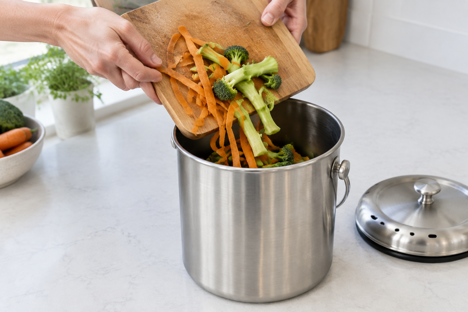 Illustration of vegetable scraps being tipped into a generic caddy