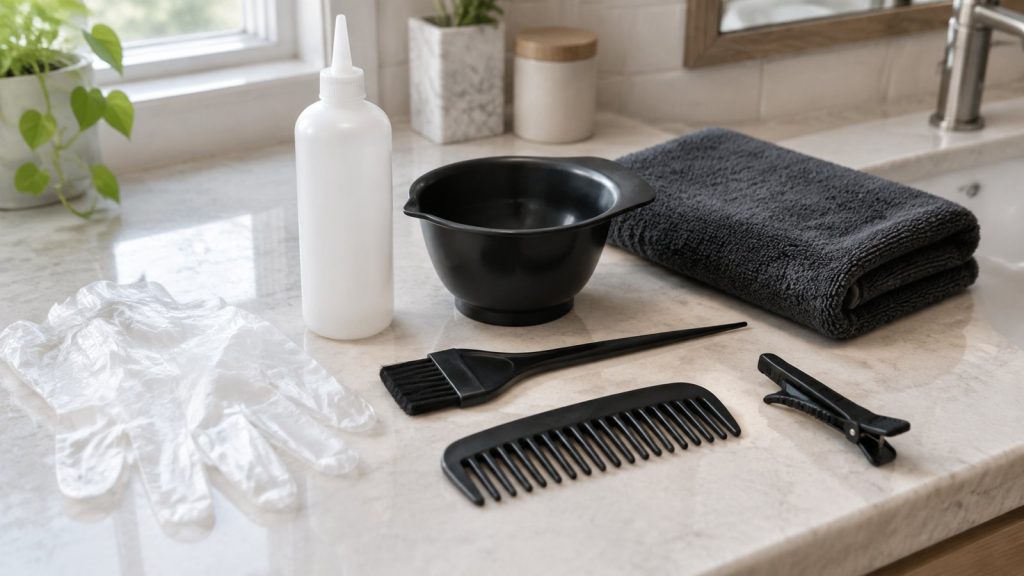 An unbranded at-home hair color setup with mixing bottle, tint brush, bowl, gloves, comb and towel on a bathroom counter