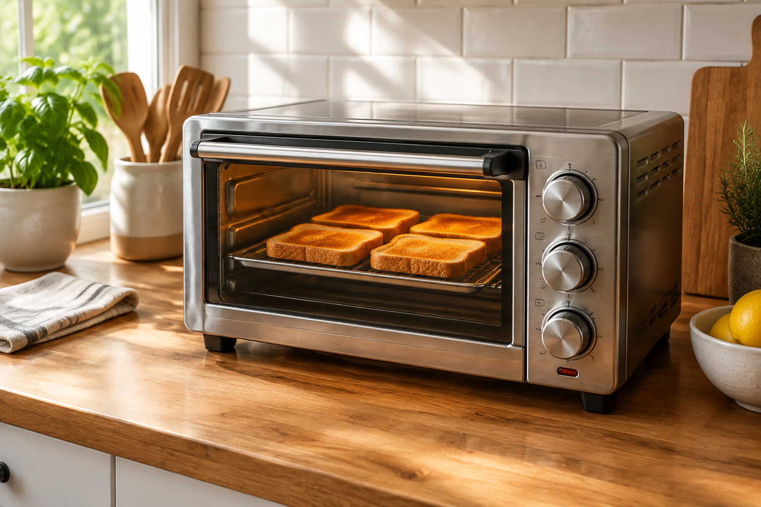 Stainless steel toaster oven with golden toast on a kitchen counter