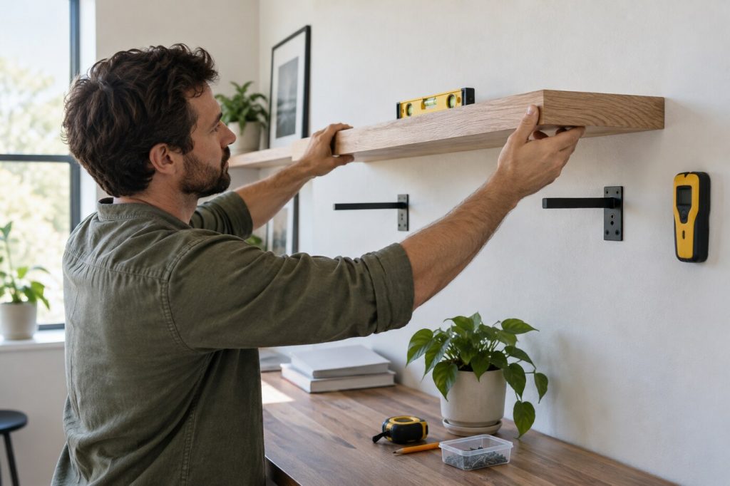 Illustrative person checking a shelf against its brackets with a level