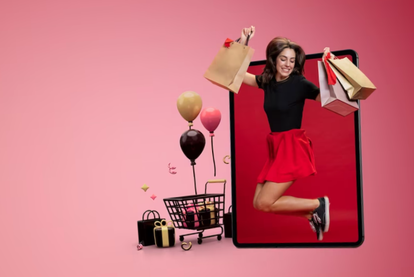 woman jumping out of an iPad screen with shopping bags illustration