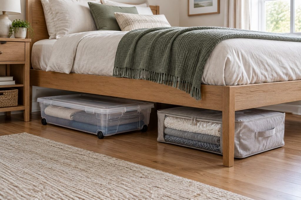 Illustrative rigid and fabric low-profile storage beneath a bed