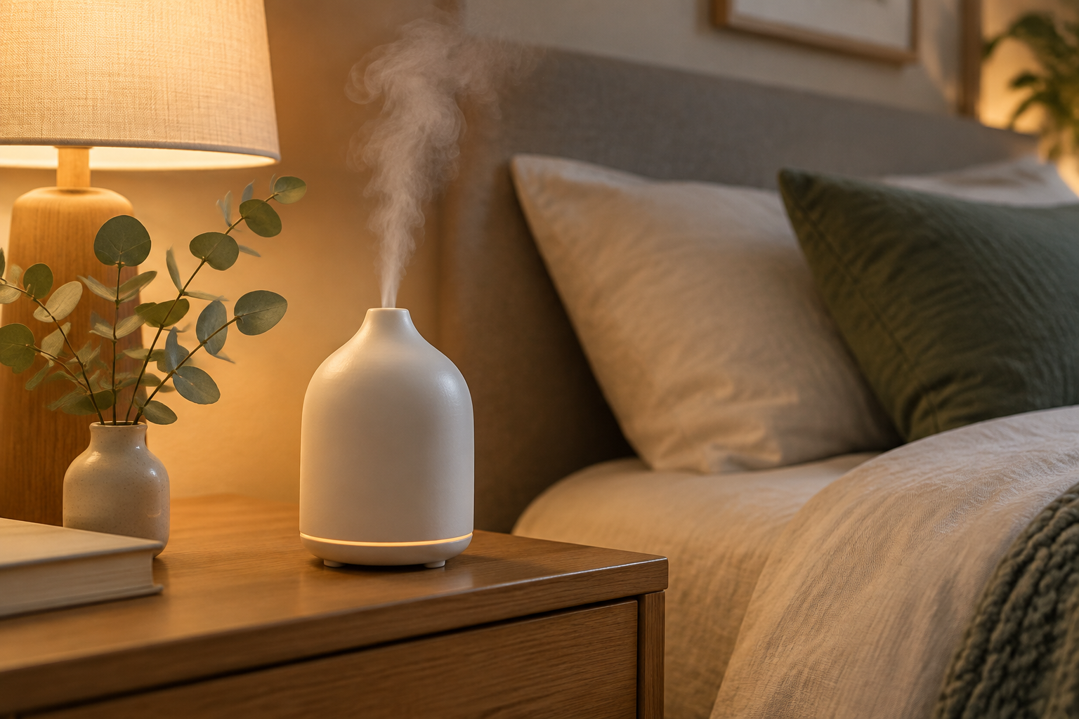Ceramic diffuser misting on a bedside table