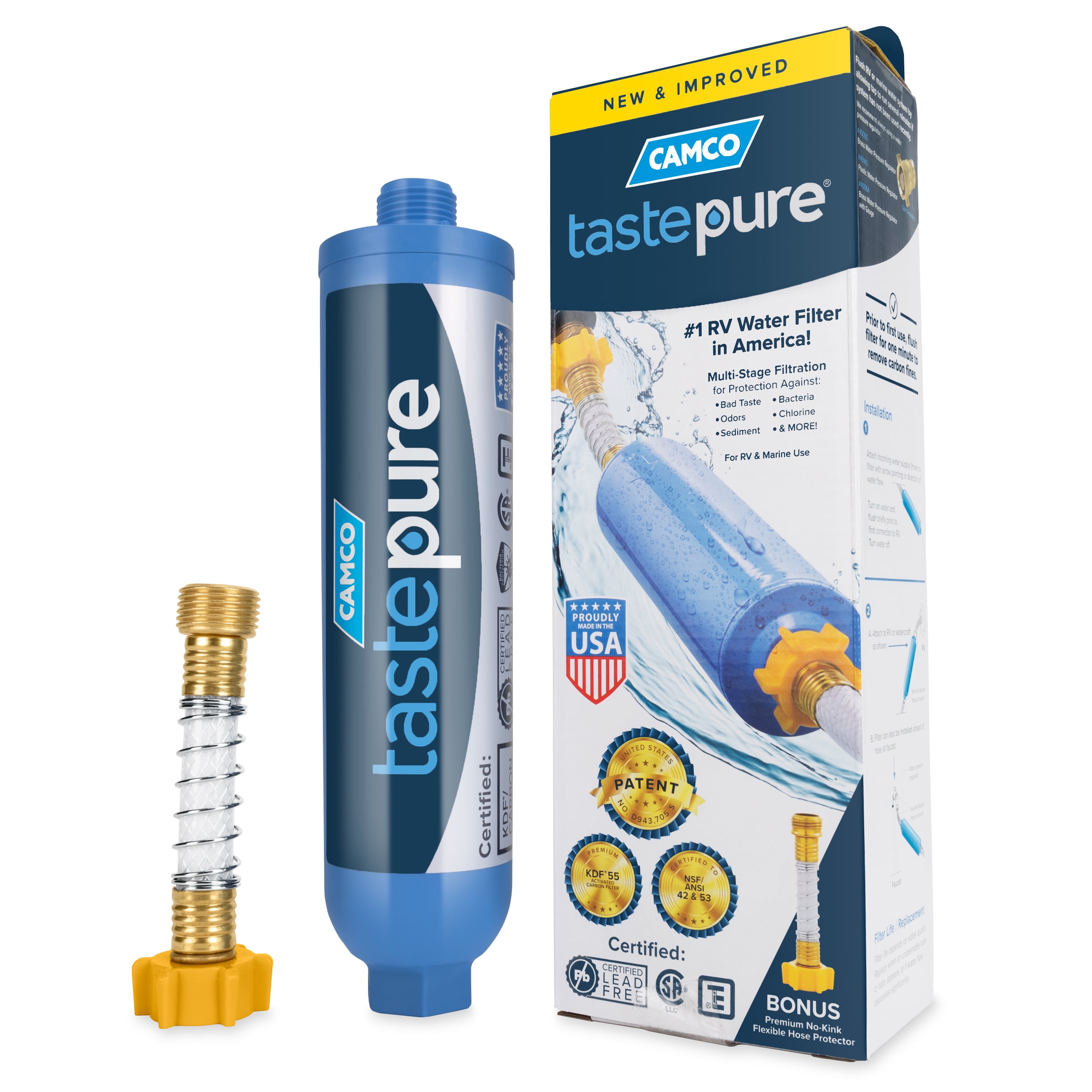 Camco TastePURE RV water filter with hose protector