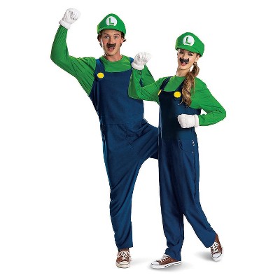 Adult Luigi costume with green hat, shirt and overalls