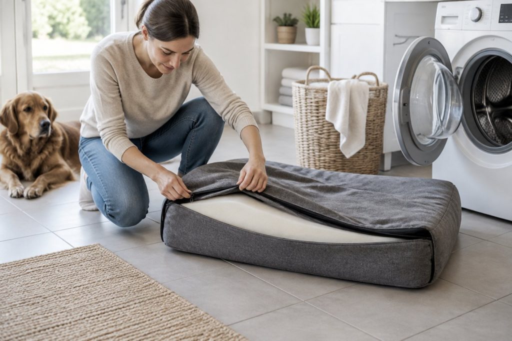 A person unzipping the removable cover from a foam dog bed in a laundry room next to a washing machine