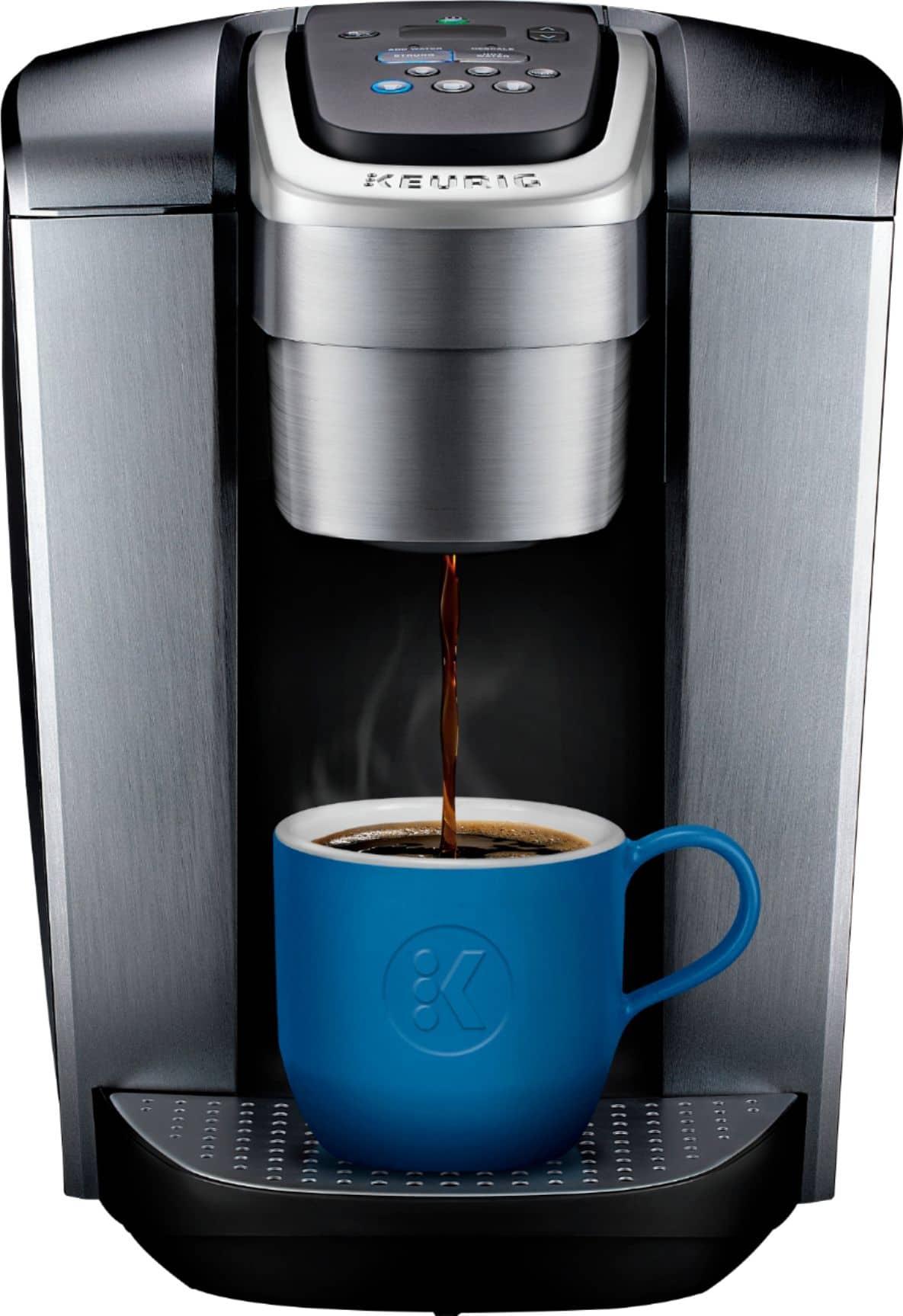 Keurig K-Elite pod coffee maker in brushed silver pouring into a blue mug