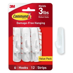Command 6 Medium Utility Hooks with 12 Strips, White