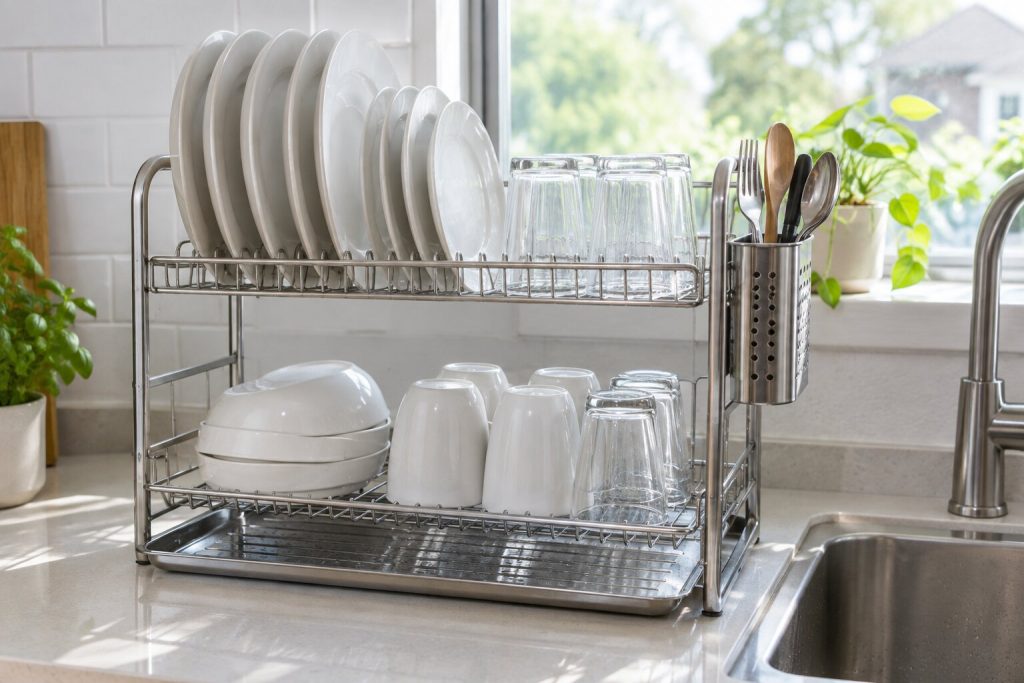 A stainless steel two-tier dish drying rack next to a kitchen sink holding white plates, bowls, mugs, glasses, and a utensil cup, with a drip tray below