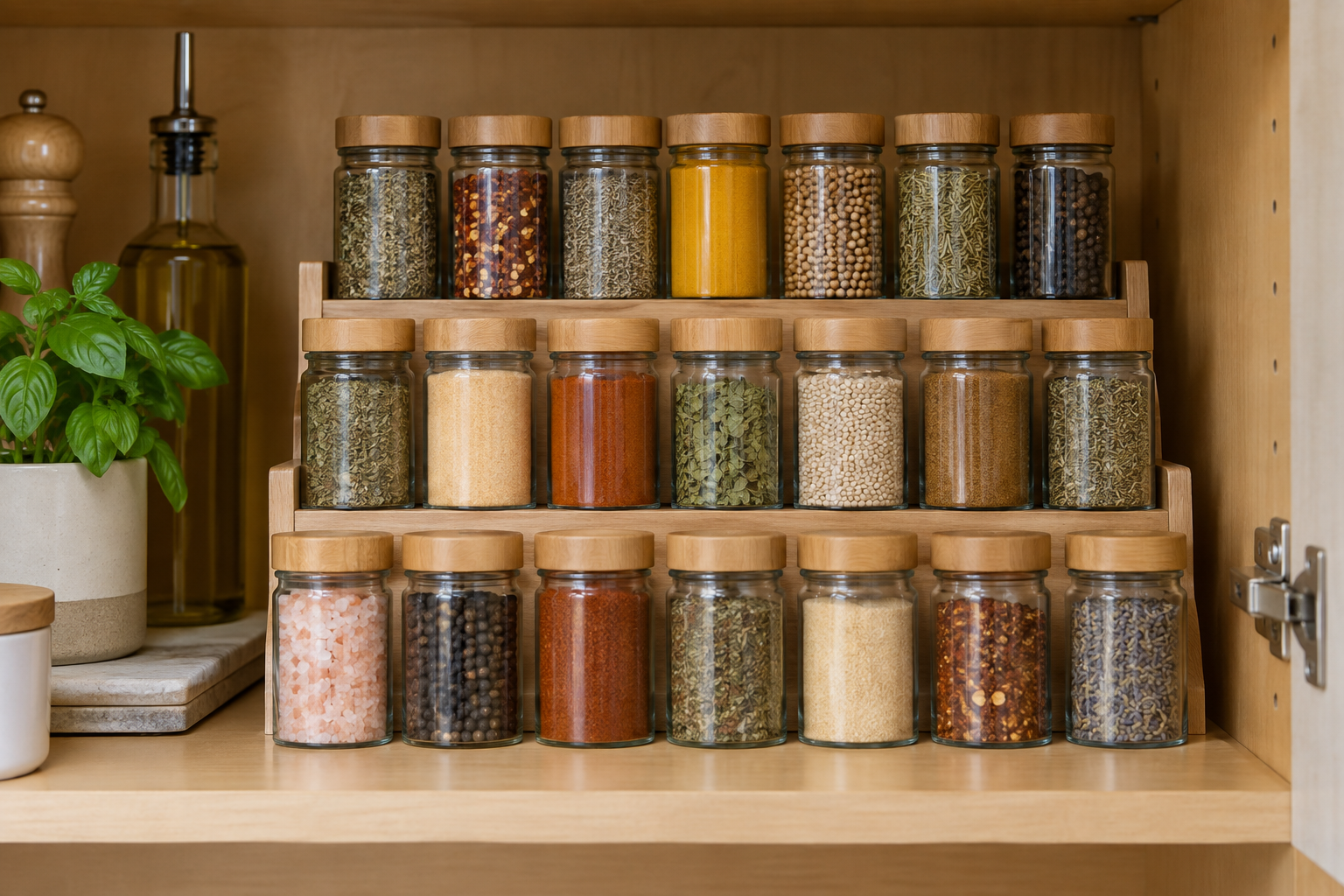 Tiered spice jars on a cabinet shelf
