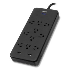 Philips 10-Outlet Surge Protector, 6 ft Braided Cord, 2880 Joules, USB-A