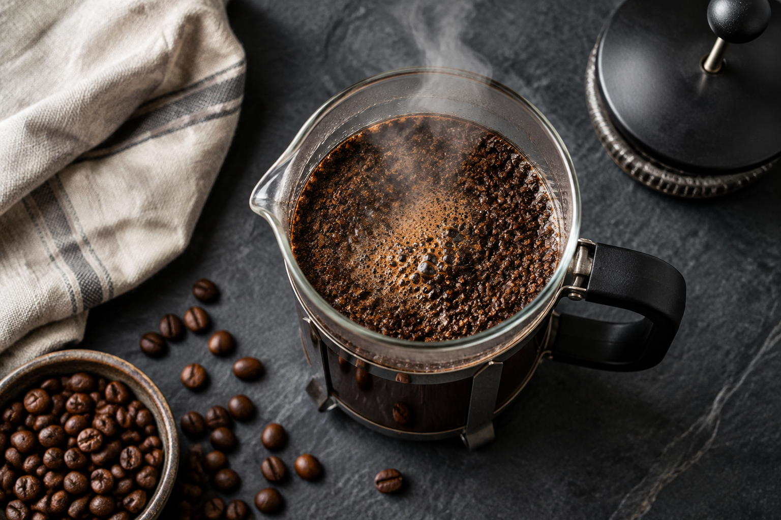 Overhead view of coarse coffee grounds steeping in a glass French press