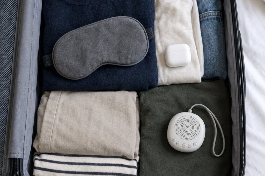 An open carry-on suitcase with folded clothes, a sleep mask, and a small portable white noise machine with a lanyard