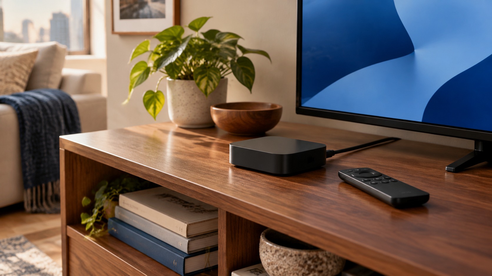 AI illustration of generic streaming hardware on a media shelf, not a listed product