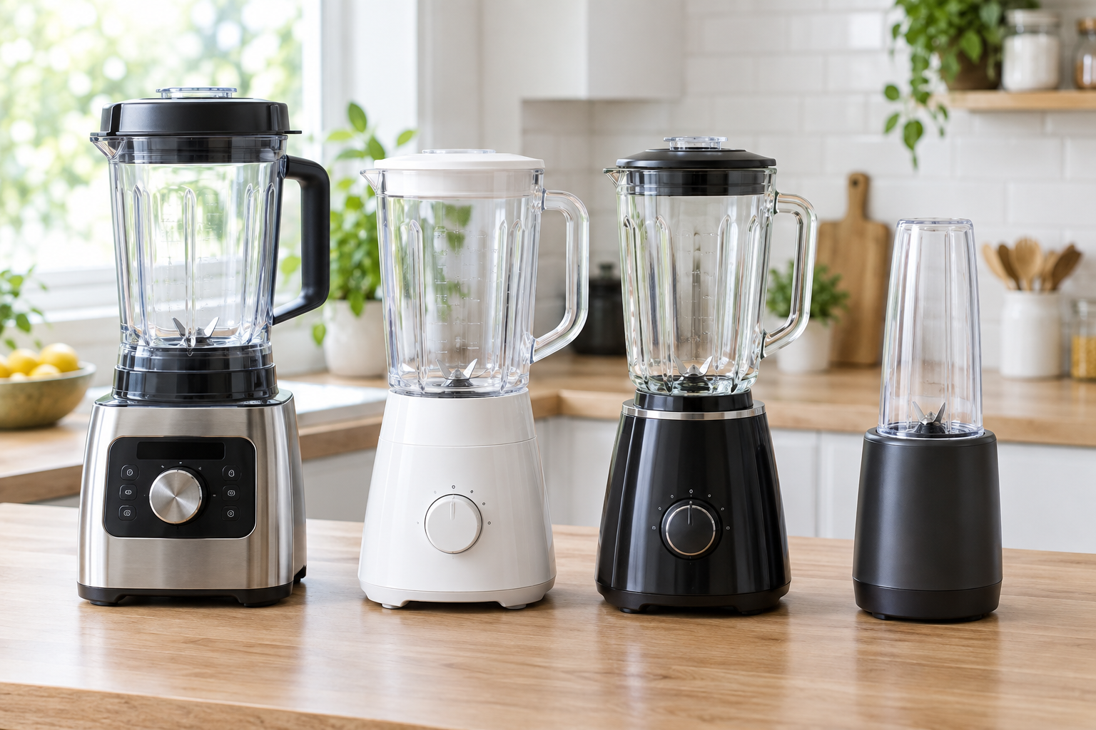 Countertop blenders lined up on a kitchen counter