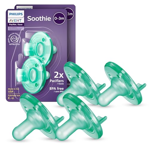 Philips Avent Soothie 0-3 Months Orthodontic Baby Pacifiers, 100% Silicone, One Piece, BPA-Free, Green, 4 Pack