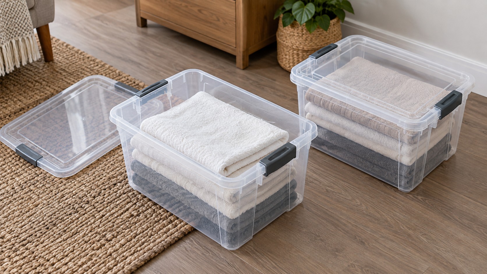 Stock photo of generic clear storage bins with towels in a home, not listed products