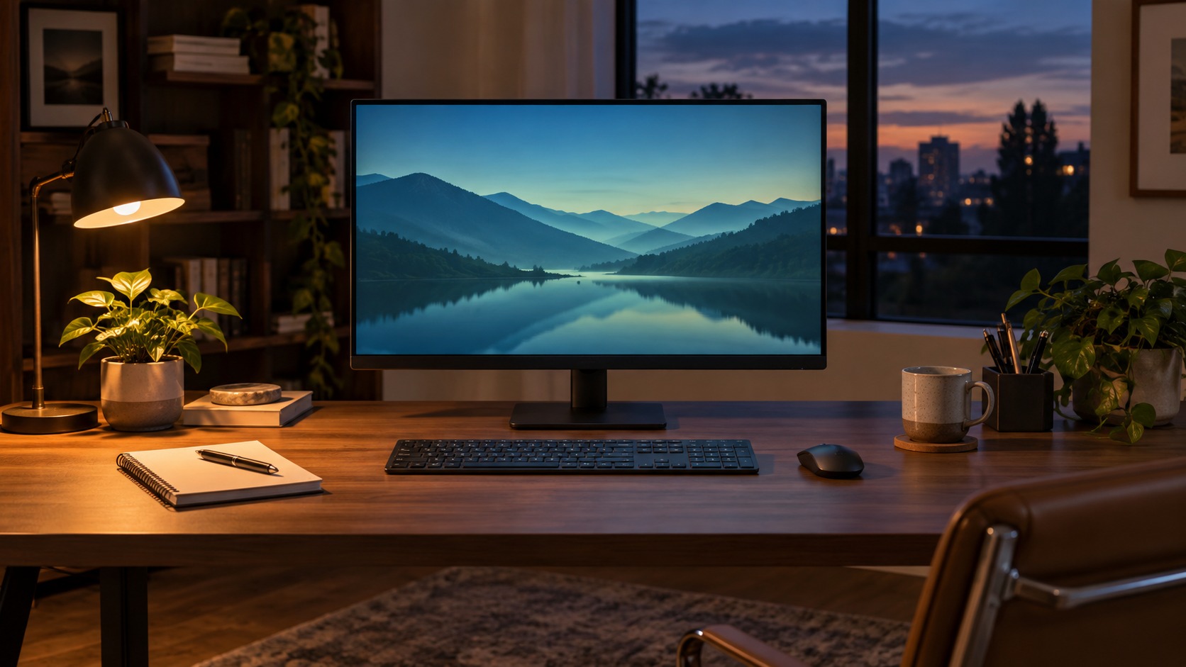 AI illustration of a monitor on an evening home-office desk, not a listed product