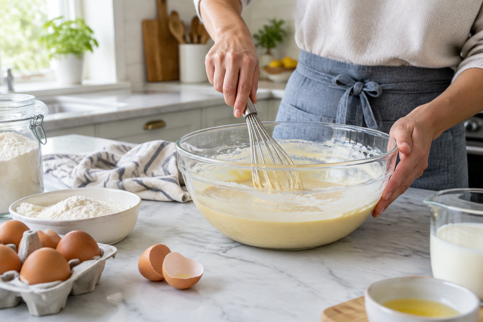 Whisking batter in a glass mixing bowl
