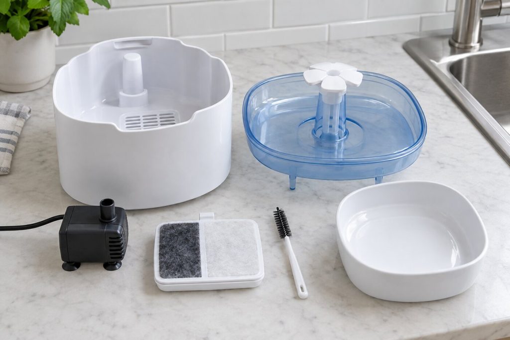 A disassembled pet water fountain with pump, filter, brush, and bowl on a kitchen counter