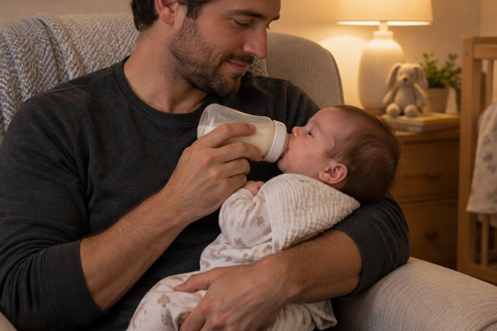A father bottle-feeding an upright baby in a nursery armchair with the bottle held level