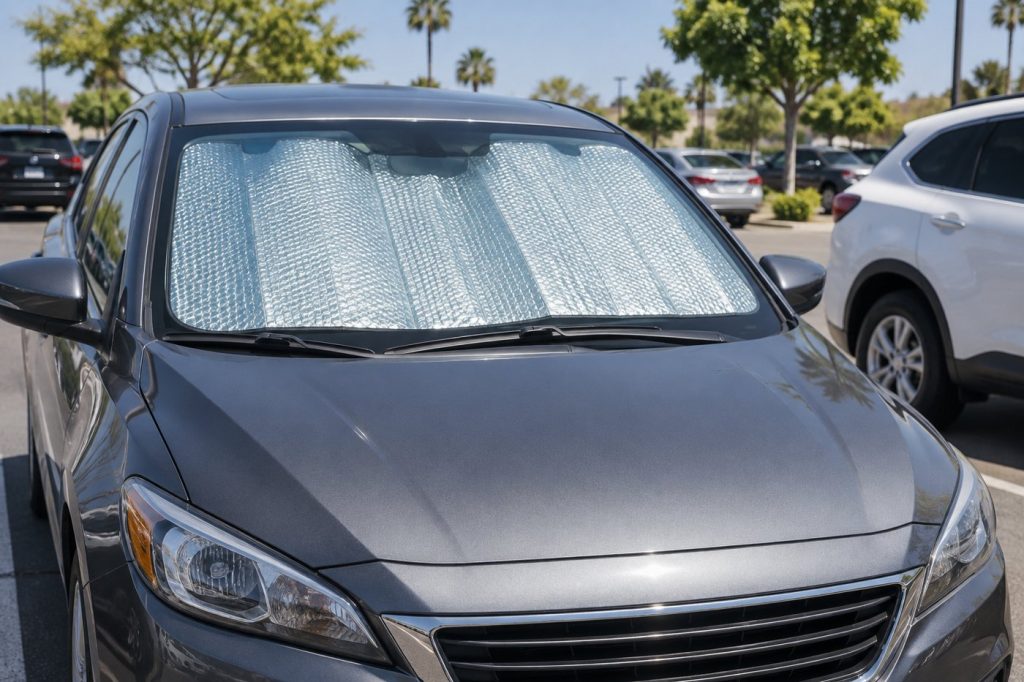 A parked car in a sunny lot with a silver reflective sun shade covering the inside of the windshield