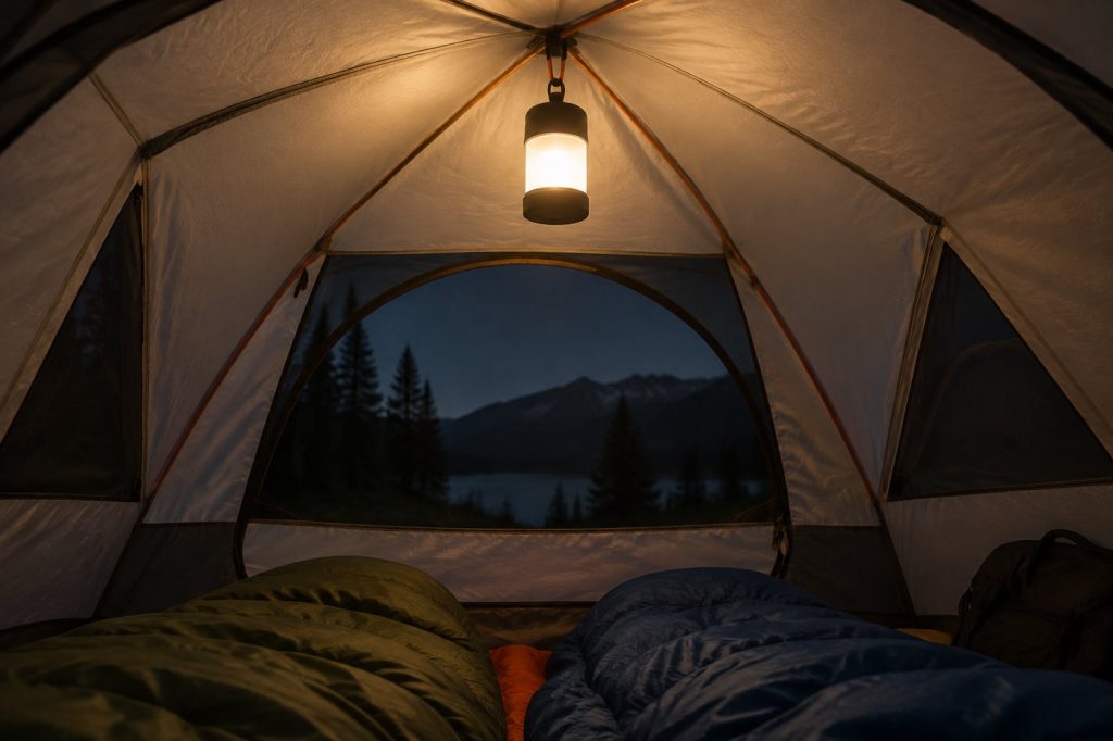 A small LED lantern hanging from the ceiling loop inside a dome tent at night above sleeping bags