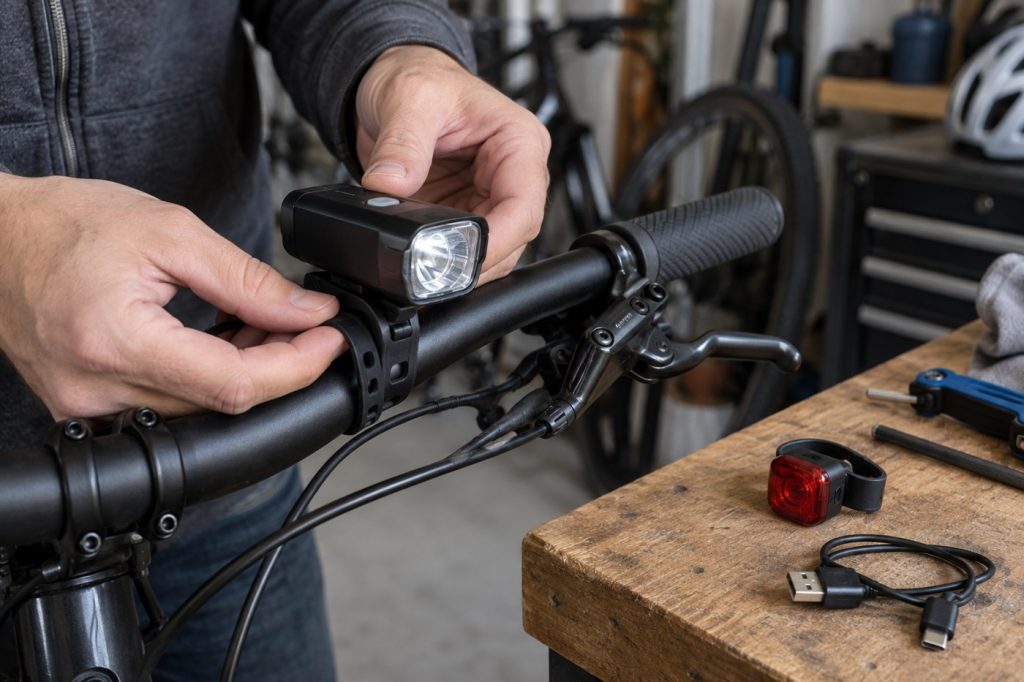 Hands attaching a rechargeable LED headlight to a bicycle handlebar with a strap mount