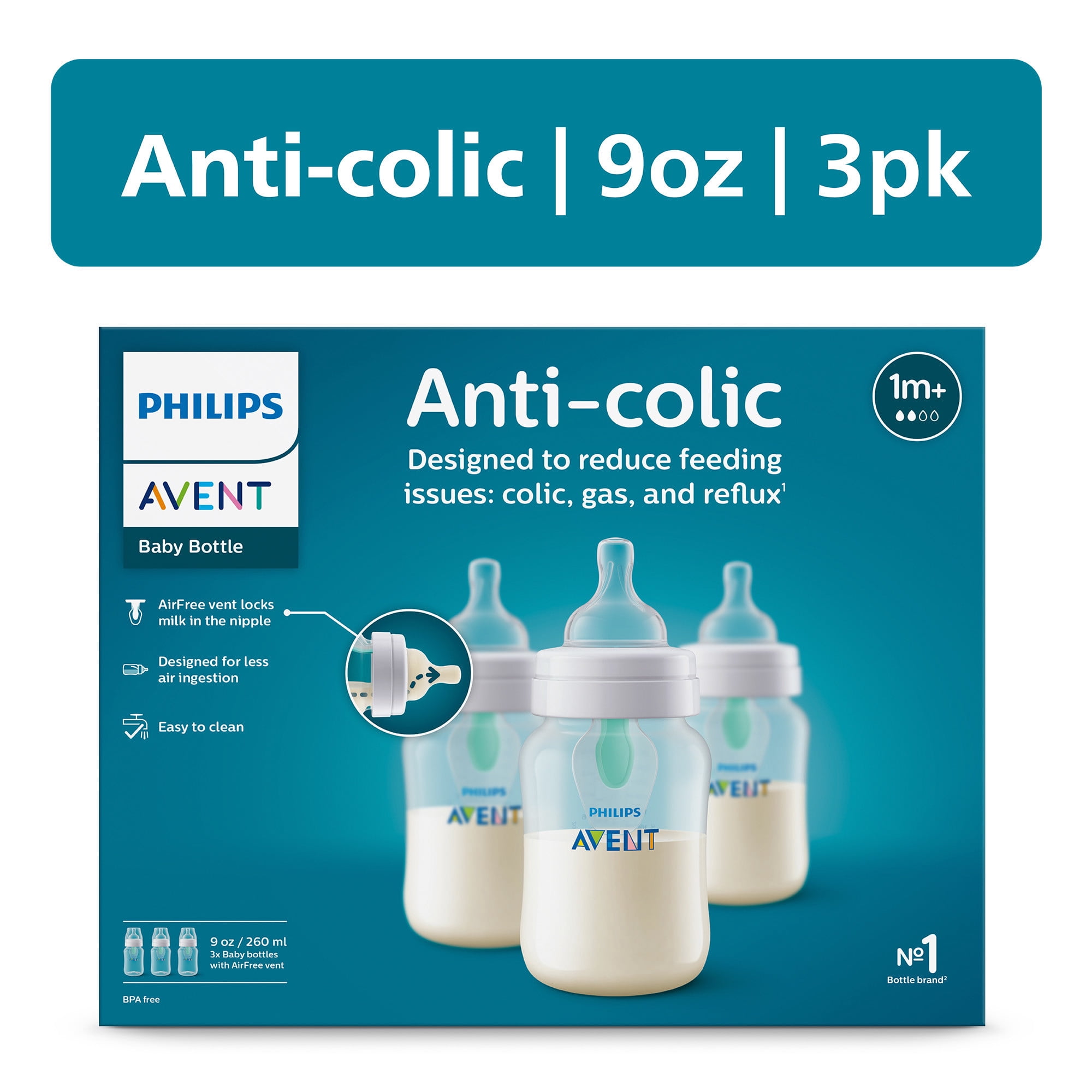 Philips Avent Anti-colic Bottle with AirFree Vent, 9 oz, 3-Pack