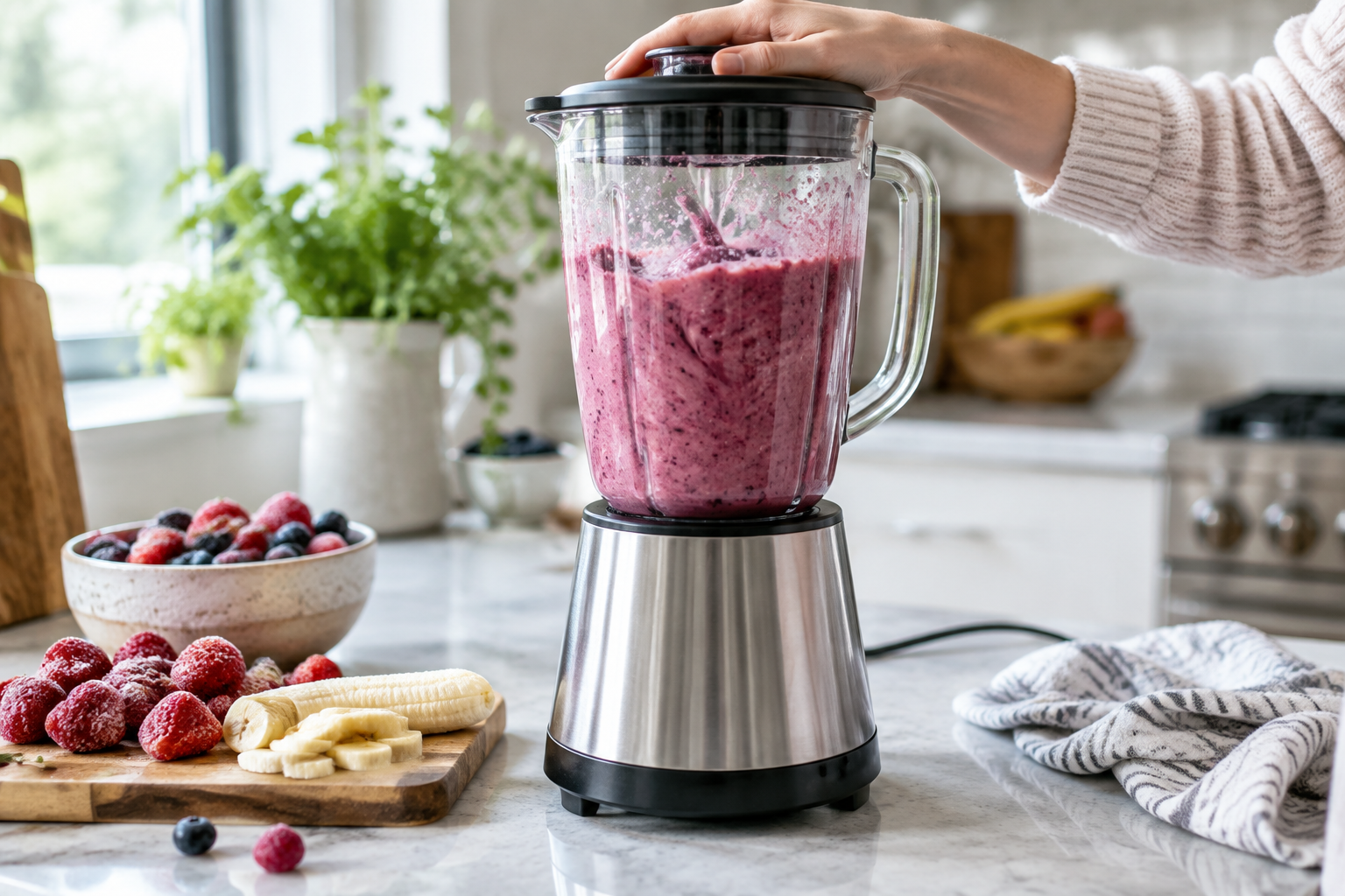 Blender mixing a berry smoothie