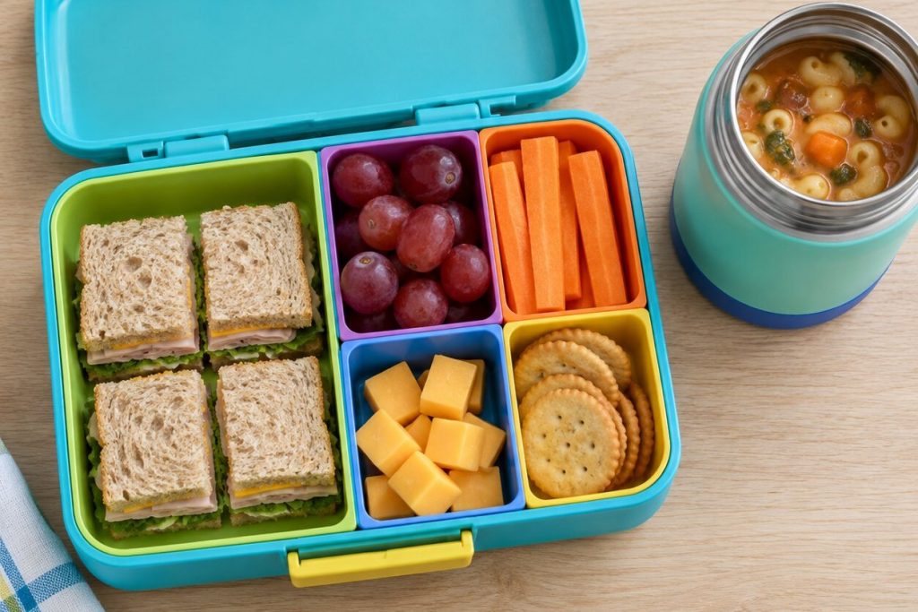 A colorful kids bento box with sandwich squares, grapes, carrots, cheese, and crackers next to an insulated food jar of pasta soup