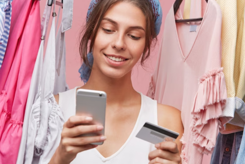 Indoor shot of beautiful woman with gentle smile, standing near variety of clothes being shopaholic, buying garment online, using smart phone and credit card. people, shopping, clothes concept