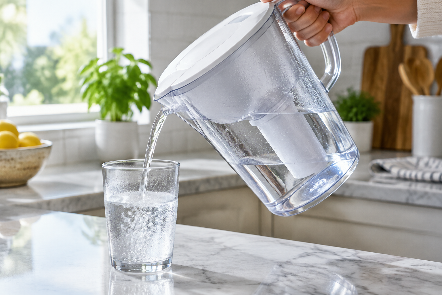Pouring filtered water from a pitcher into a glass