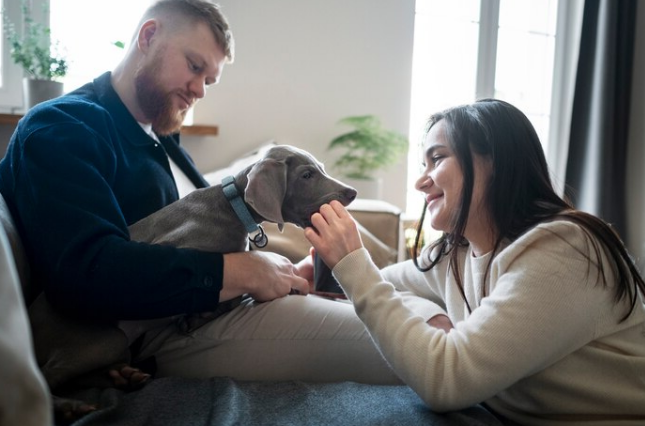 Medium shot couple at home with dog