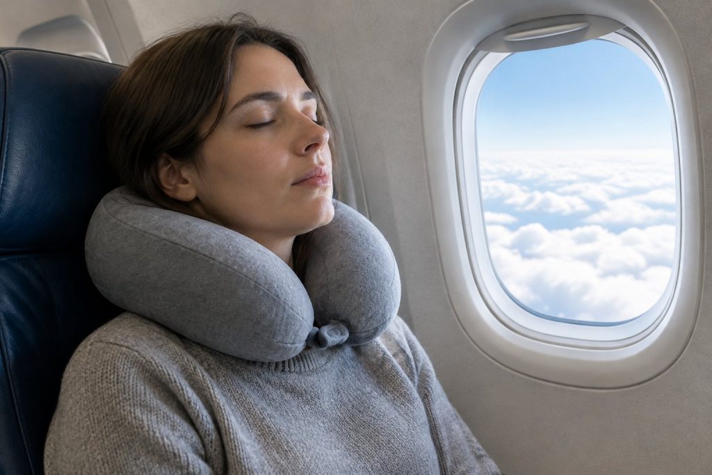 A traveler asleep in an airplane window seat wearing a gray memory foam neck pillow